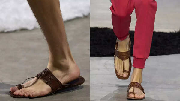 Close-up of Kolhapuri chappals, showcasing their intricate design